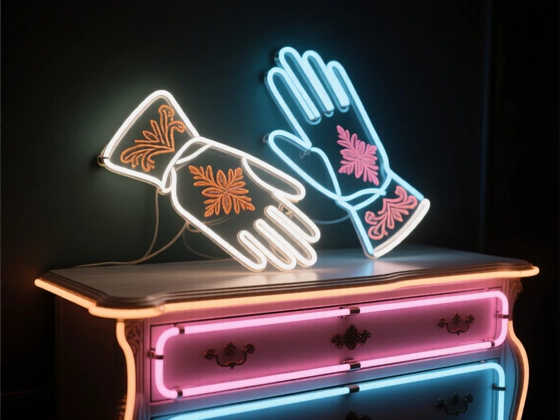 A pair of embroidered gloves resting on an antique dresser.