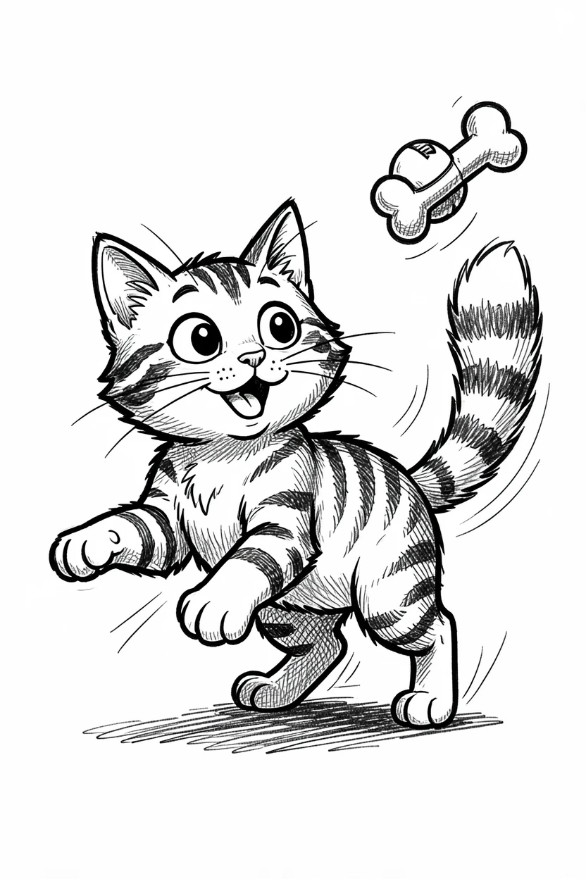 A curious tabby cat playing fetch with a squeaky toy.