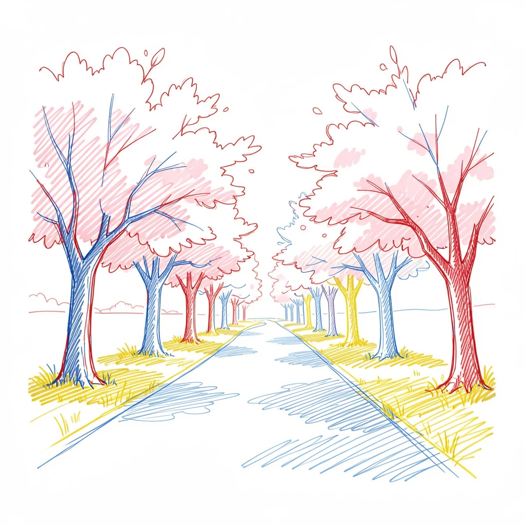 A quiet countryside lane lined with blossoming cherry trees in full pink bloom