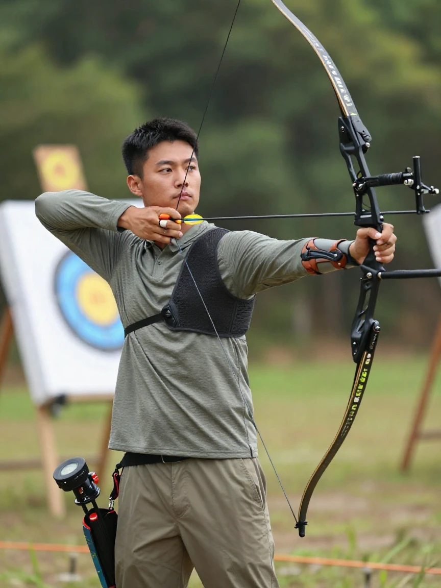 An archer drawing a bow with intense focus