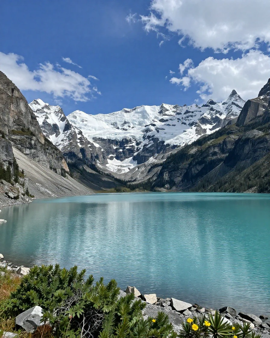 A turquoise glacial lake sits cradled between snow-capped peaks.