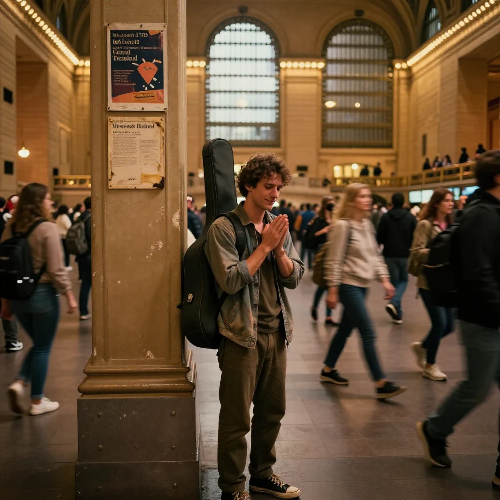 A nervous performer sharing a quiet moment of gratitude in a crowded train station