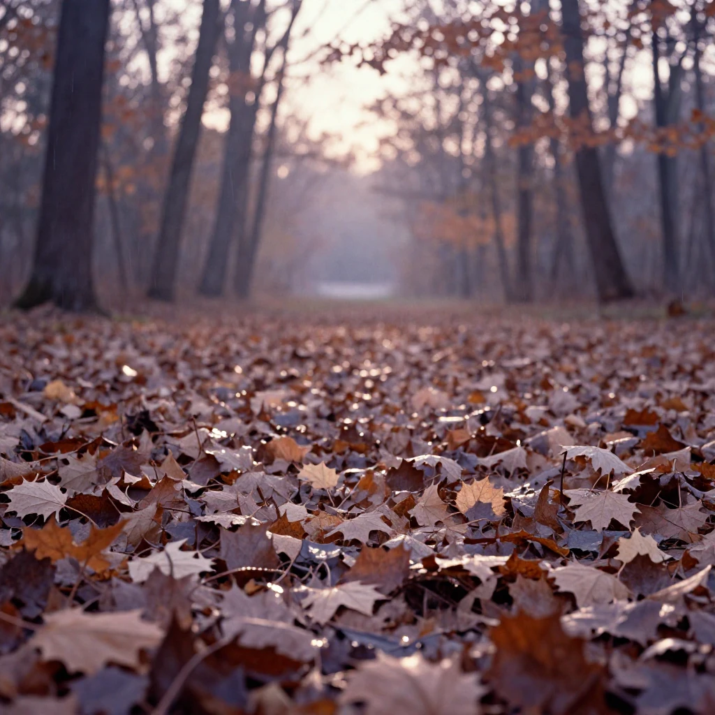 A carpet of fallen autumn leaves covering a forest floor, in the pale light just before sunrise, under a light drizzle, in late autumn, in dusty lavender and rose tones, from behind, looking toward the horizon.