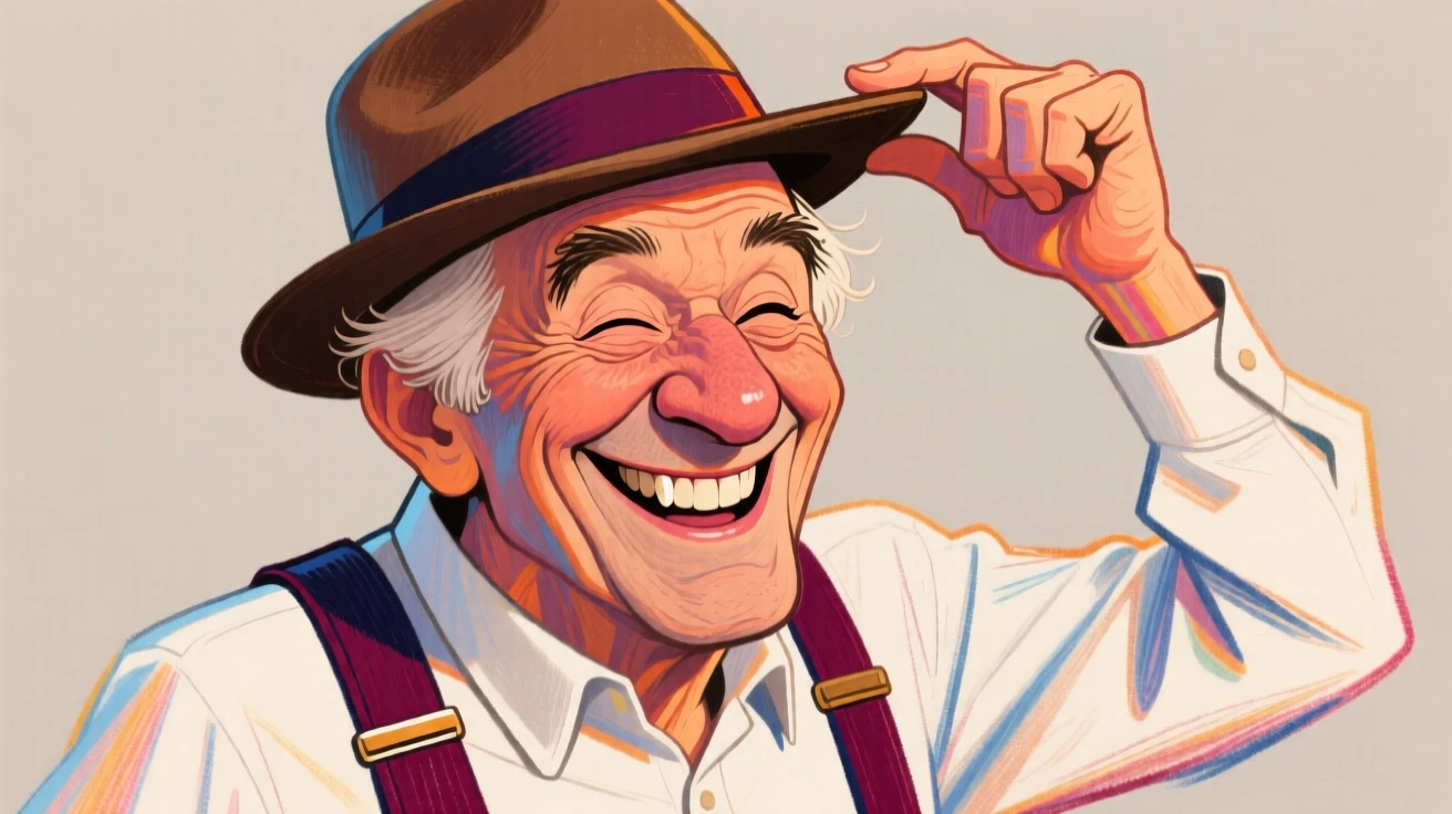 A stylish grandfather in suspenders and a fedora, tipping his hat with a wink.