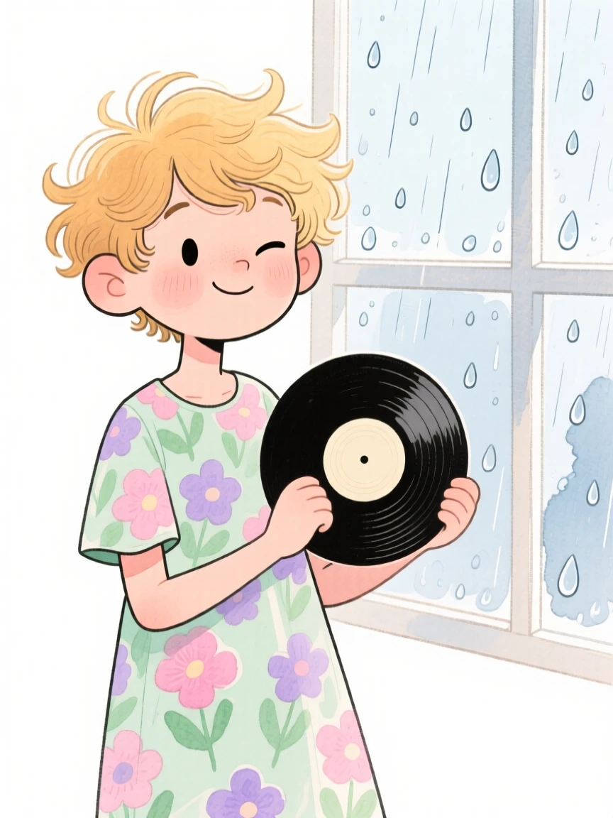 A teenage boy with wild sun-bleached waves, winking playfully, wearing a flowy floral sundress and holding a vinyl record, beside a rain-speckled window