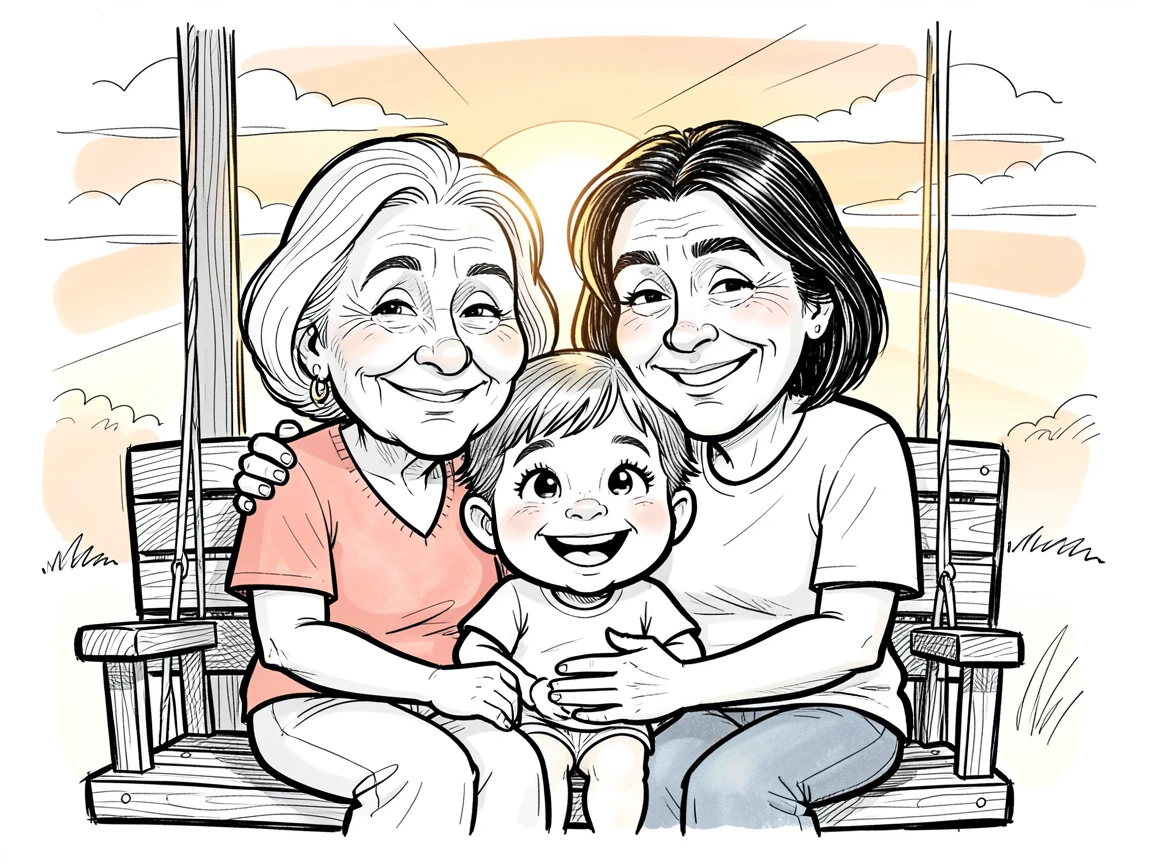 [Family & Relationship Moments] Heartwarming scene of three generations sitting together on a porch swing at sunset, radiating love and warmth