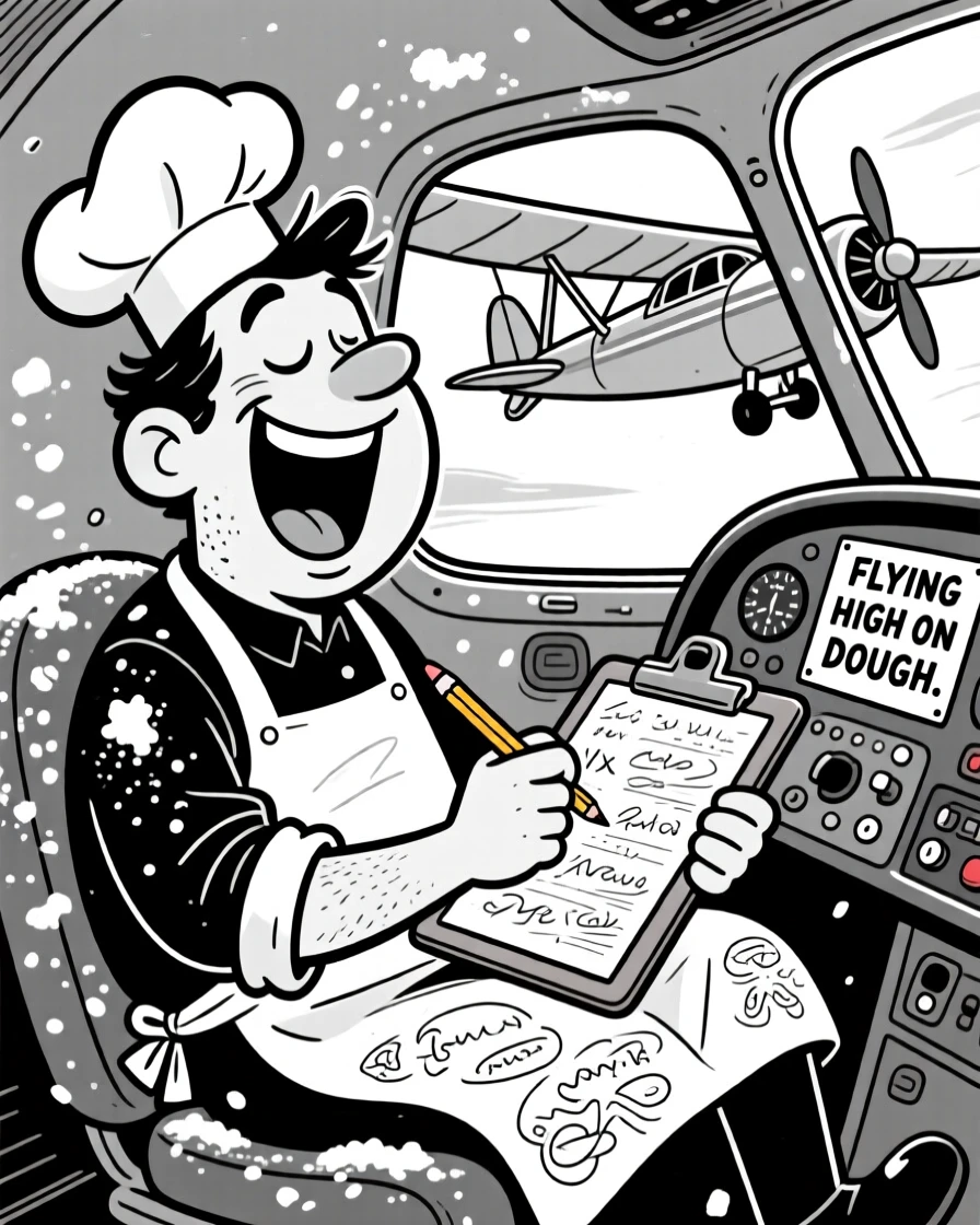 A cheerful baker dusted in flour, yawning enormously while charting notes, set in the cockpit of a small propeller plane. A clipboard full of illegible notes rests nearby. The scene celebrates the quiet heroism of everyday work.