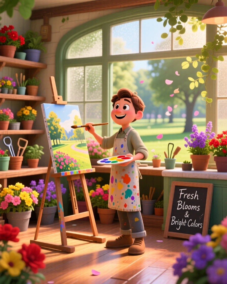 A painter working at an easel in a park is captured inside a small flower shop filled with color, with a light breeze stirring nearby leaves. A gentle, charming warmth fills this everyday moment.