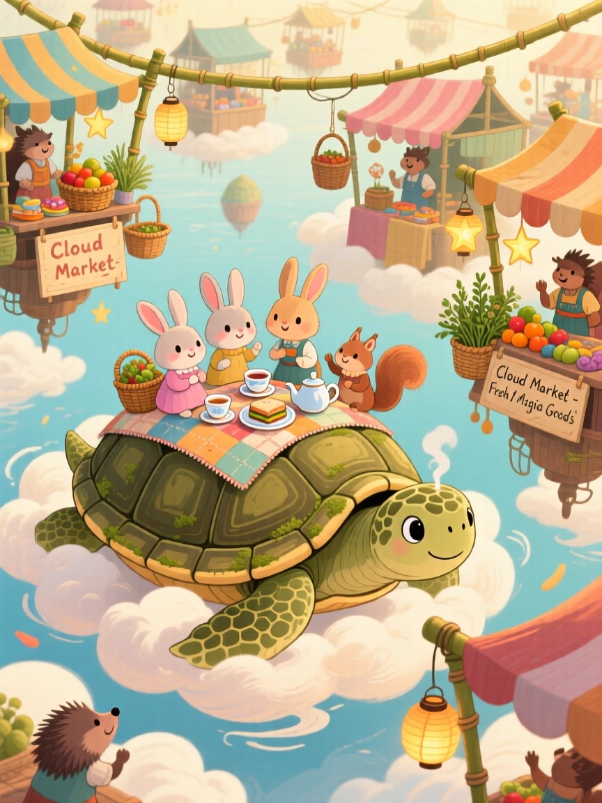 A family of teacup rabbits is hosting a picnic on the back of a giant turtle in a floating market above the clouds, with everything wrapped in a cozy, storybook charm.