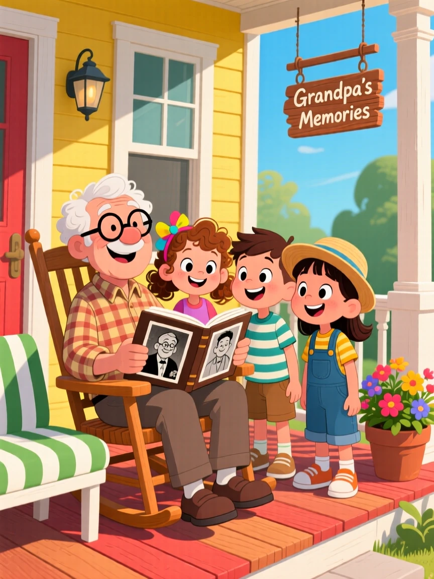 A grandfather showing his grandchildren old photographs on the porch.