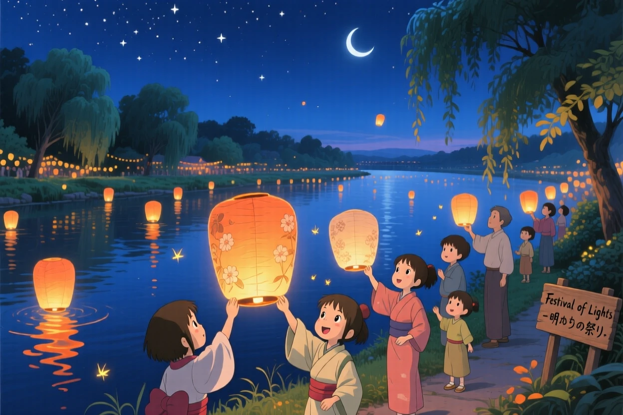 A nighttime scene of a festival of floating paper lanterns released over a river, peacefully luminous.
