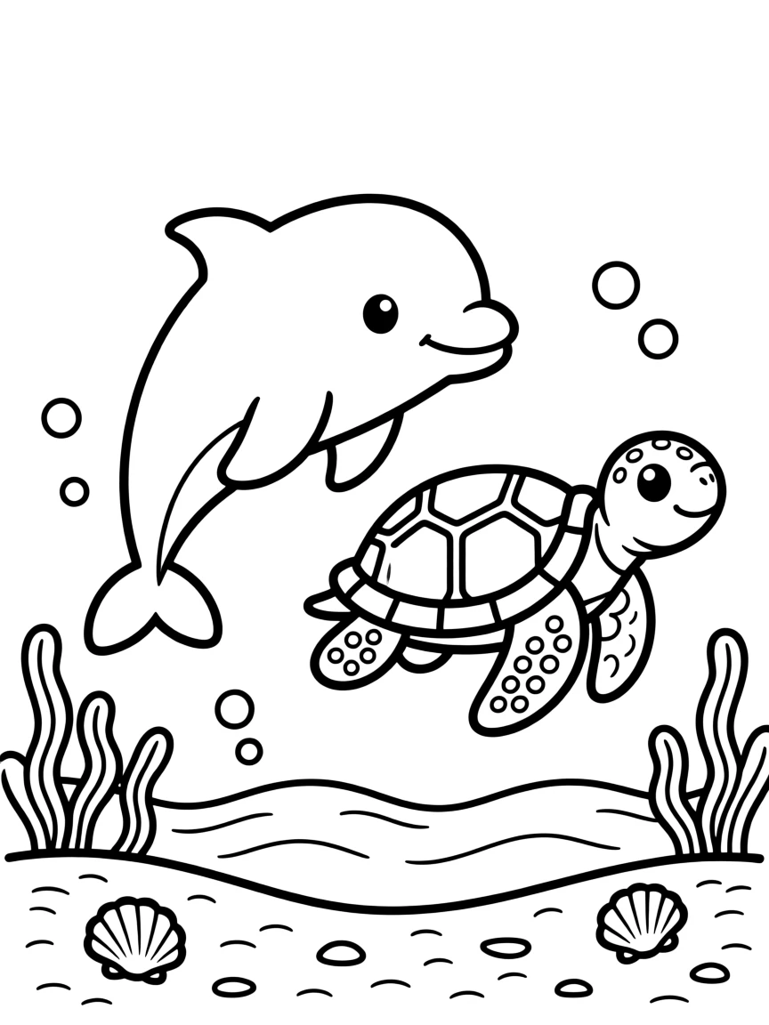 A baby dolphin and a sea turtle swimming side by side