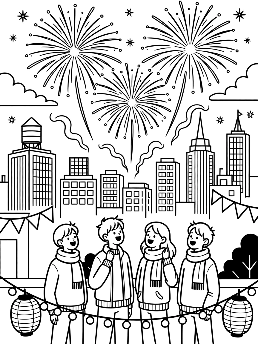 A New Year's fireworks display over a city skyline, with warm lantern light glowing across the scene.