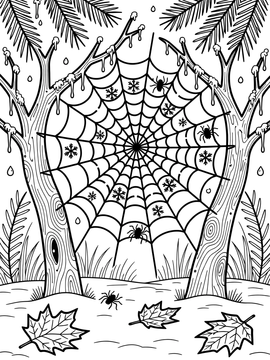 A frost-covered spider web strung between two bare branches.