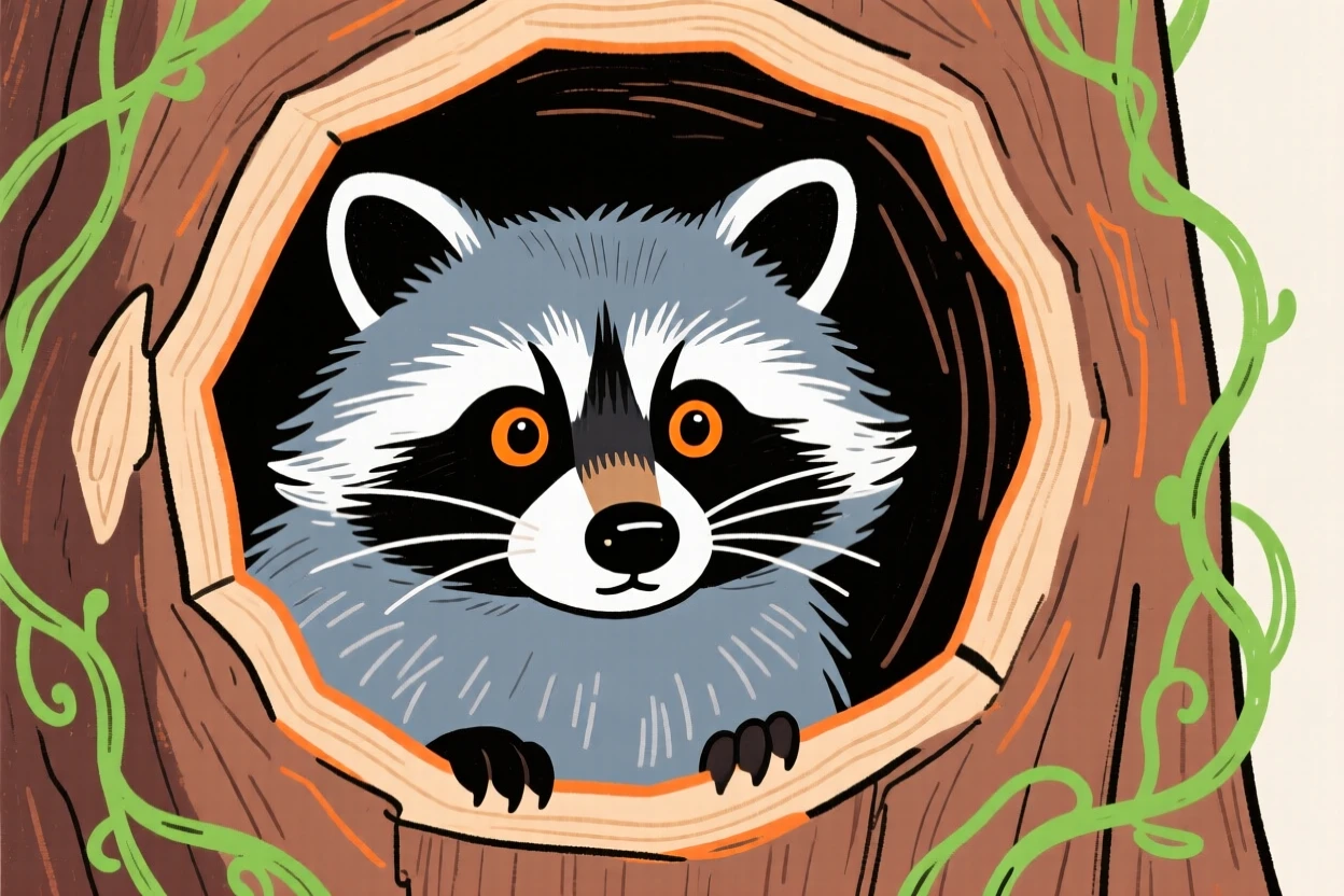 A raccoon peering curiously out of a hollow log.