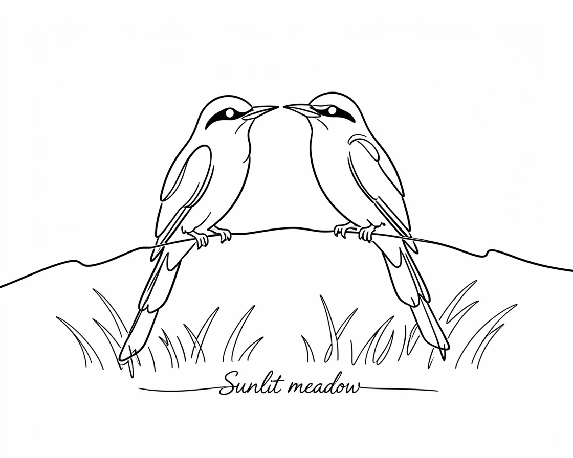 A pair of bee-eaters perched on a wire above a sunlit meadow