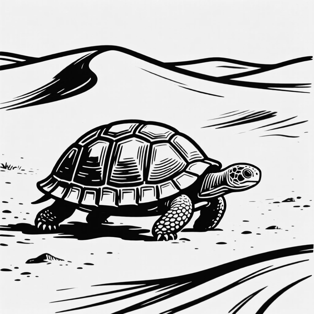 A tortoise slowly making its way across a sandy desert landscape.