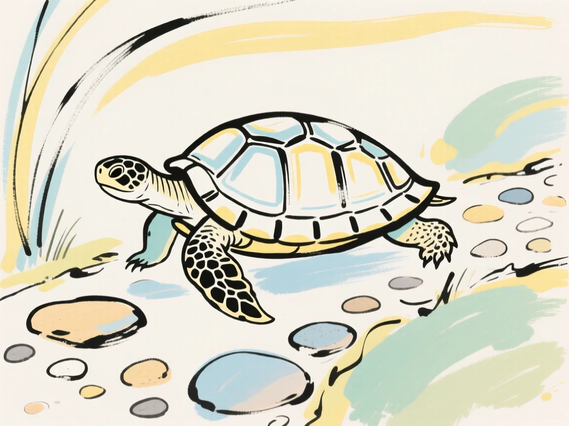 A turtle slowly crossing a pebbled garden path.