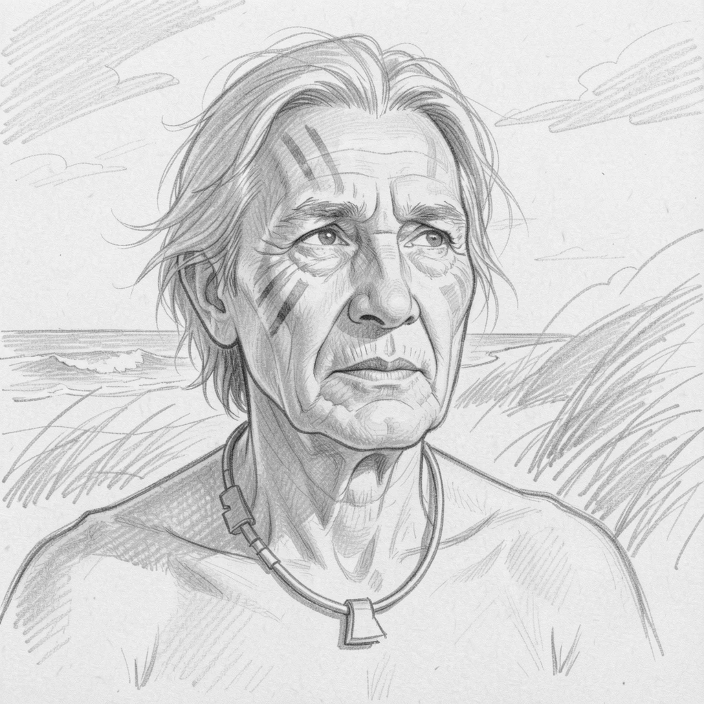 Intimate close-up of a proud tribal elder on a windswept beach at dawn, gazing thoughtfully into the distance.