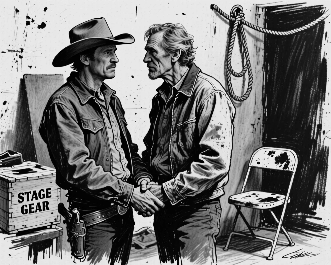 A cowboy sharing a quiet moment of connection with an old friend, backstage before a performance.