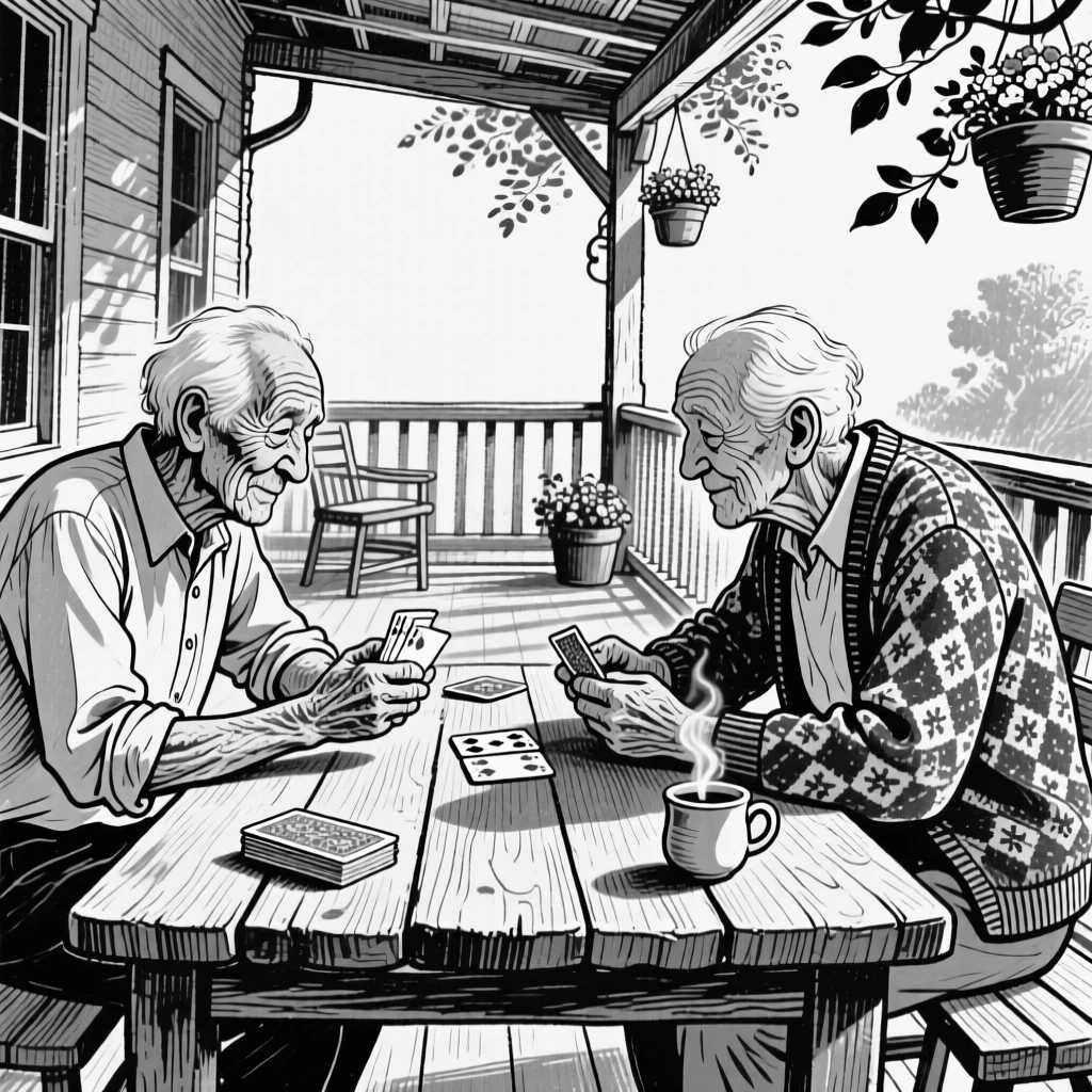 Two elderly friends playing cards at a wooden table on a shaded porch.