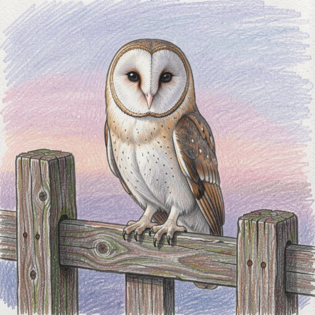 A barn owl perched silently on an old wooden fence at dusk, captured in a tender, quiet moment of everyday life, celebrating the simple beauty of the animal world.