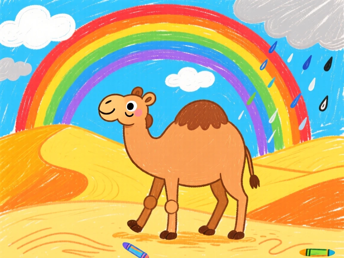 A camel crossing golden dunes beneath a rainbow after a storm.