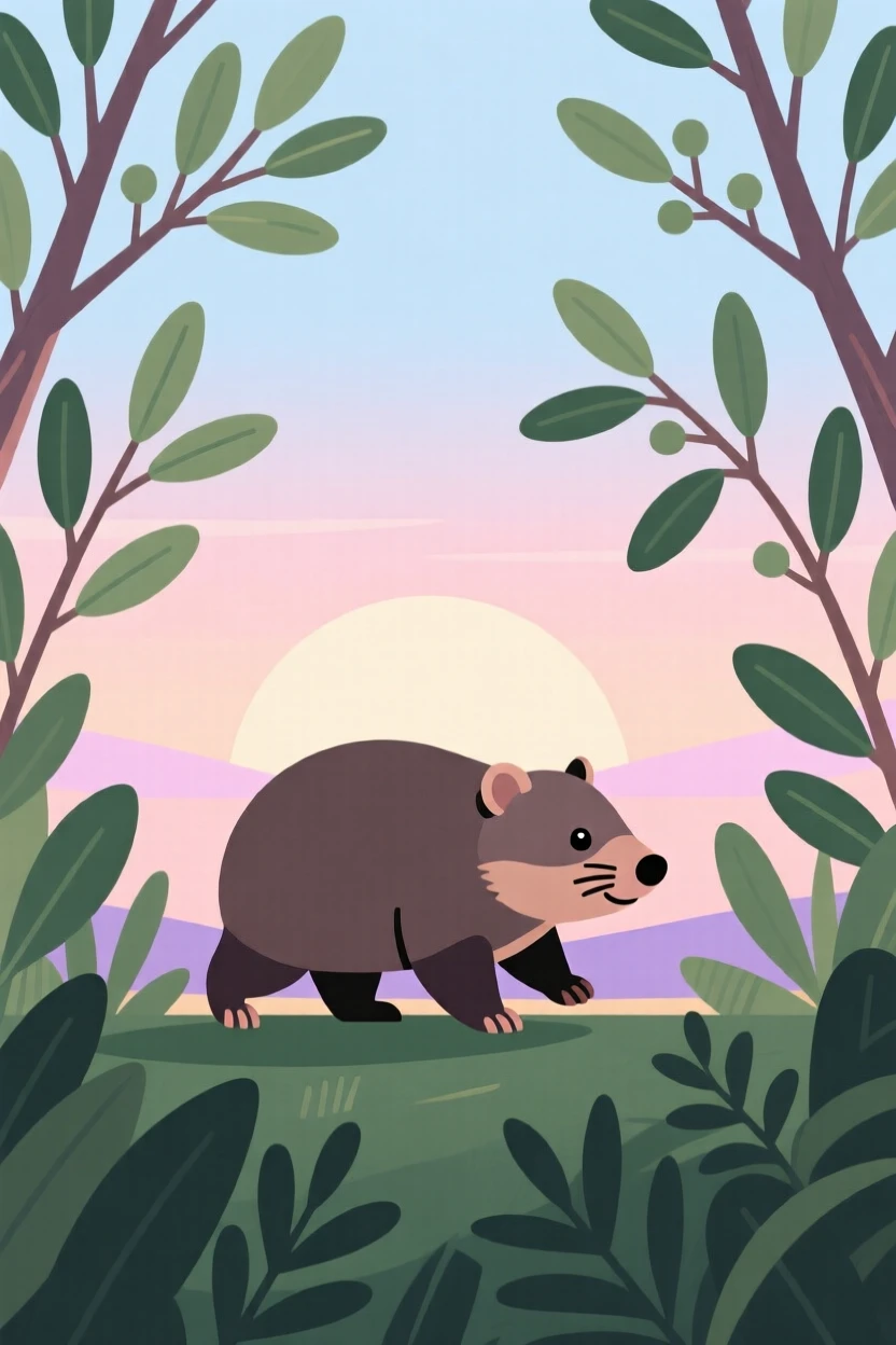 A wombat waddling through eucalyptus undergrowth, set against a soft pastel sunrise over the horizon, arranged in a balanced symmetrical composition, with a sense of playful curiosity captured perfectly.