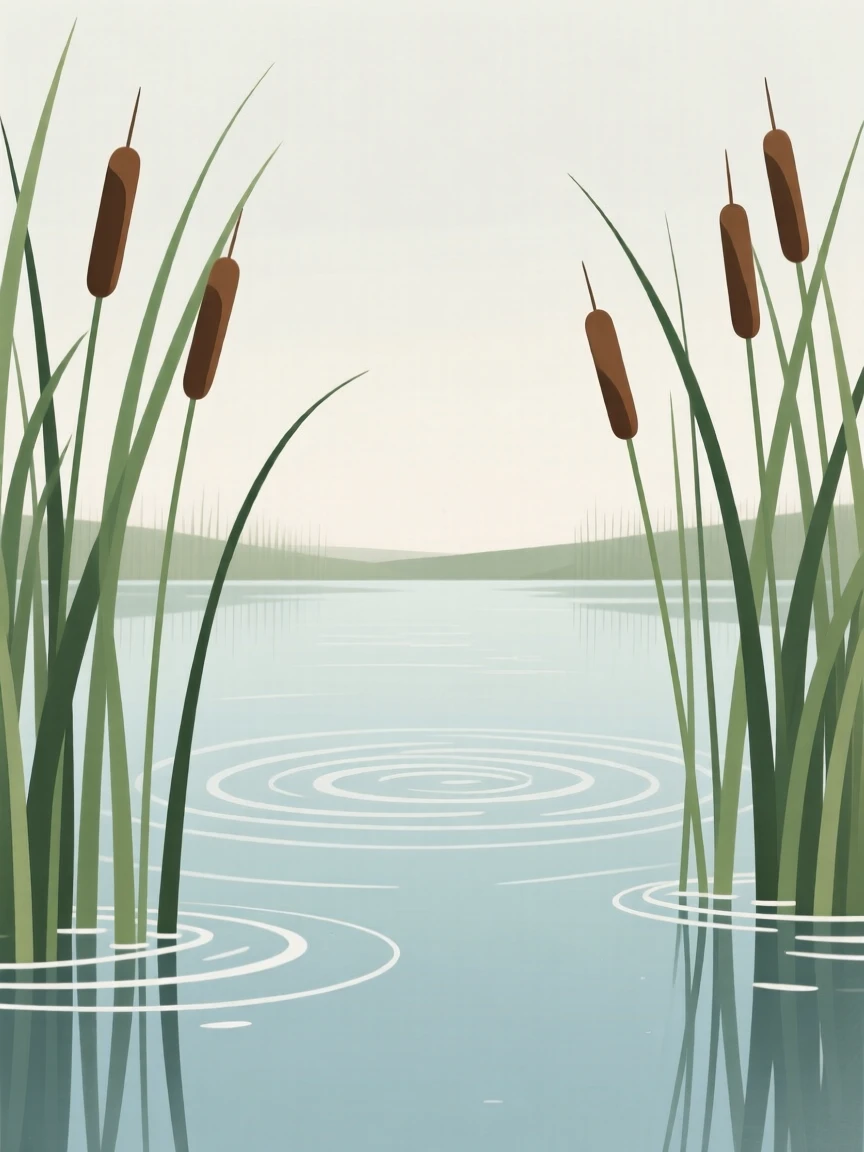 A tranquil hidden lagoon surrounded by cattails, with gentle ripples on the surface.