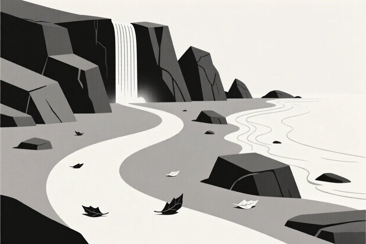 A winding path through a rocky coastline leading toward a towering waterfall, with a scattering of fallen leaves scattered along the way, radiating untouched wilderness.