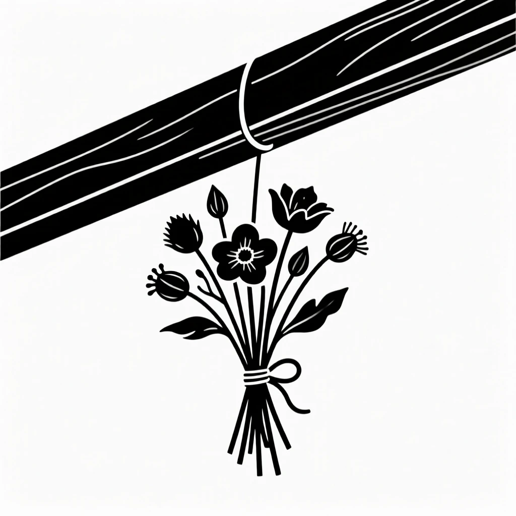 A bouquet of dried flowers hanging from a rafter.
