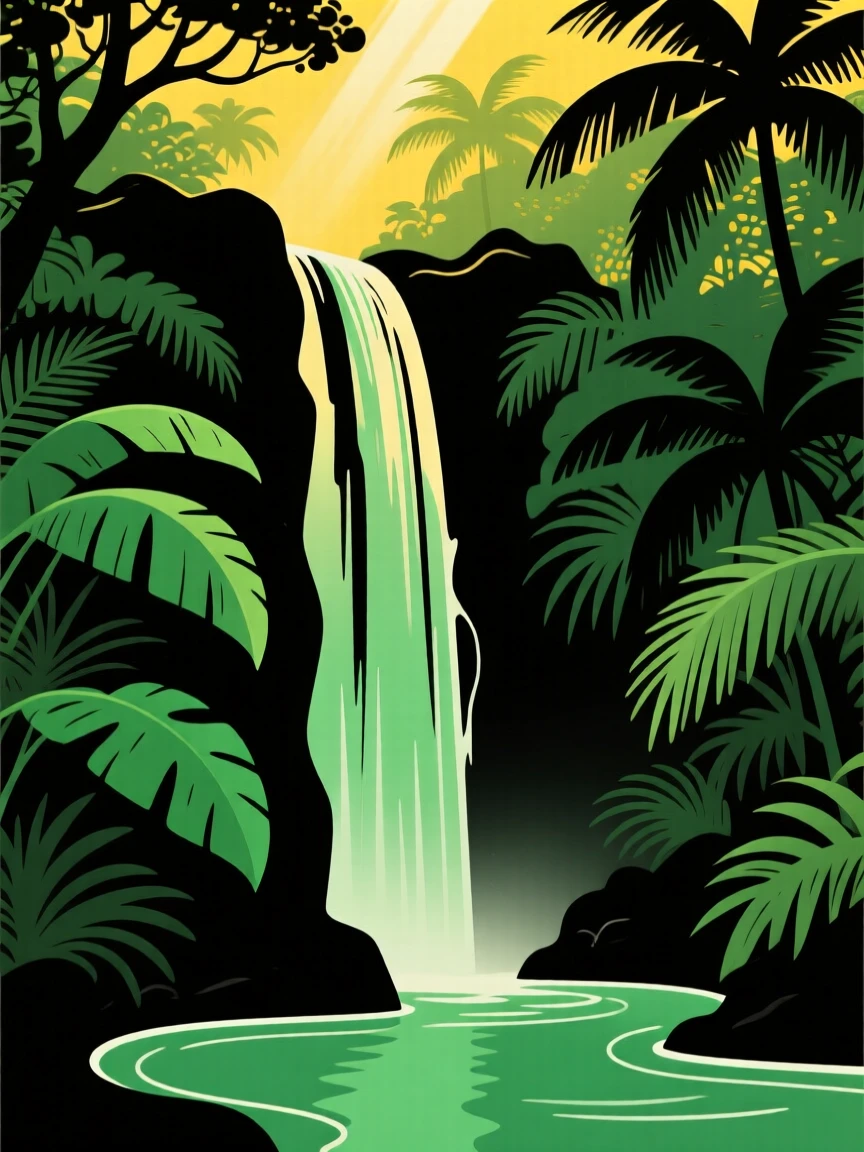 A waterfall cascading through dense tropical jungle foliage into a pool below.