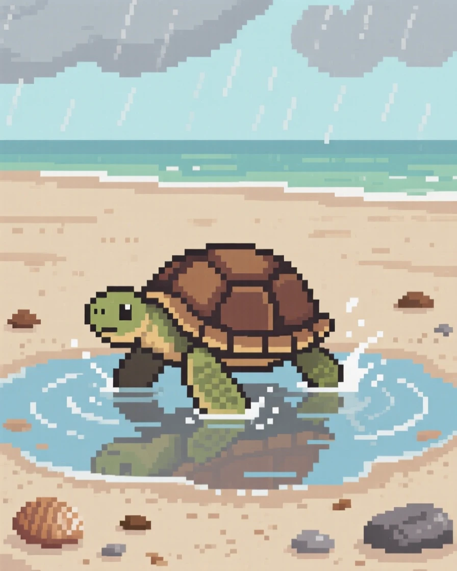A tiny turtle splashing in a puddle after the rain, on a quiet beach at low tide.