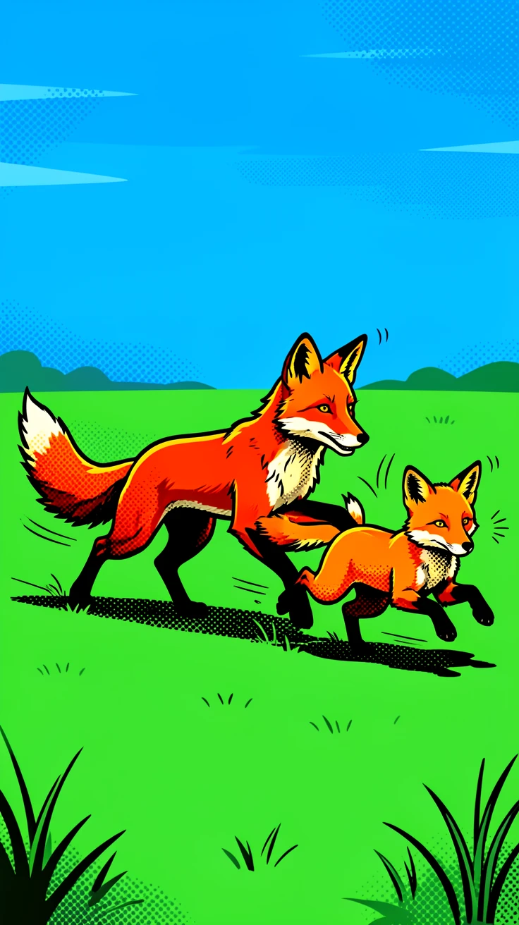 A family of foxes playing outside their den bounding playfully across an open field