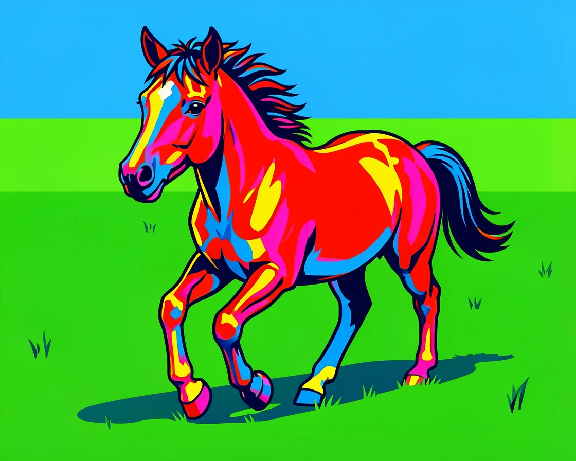 Miniature horse trotting through a meadow