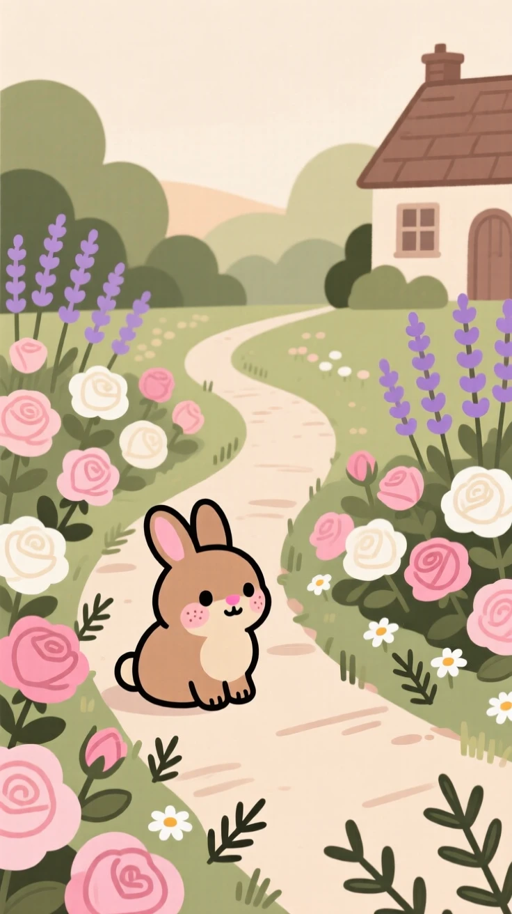 A winding path leads through a cottage garden bursting with roses and lavender, where a small rabbit pauses among the blooms.