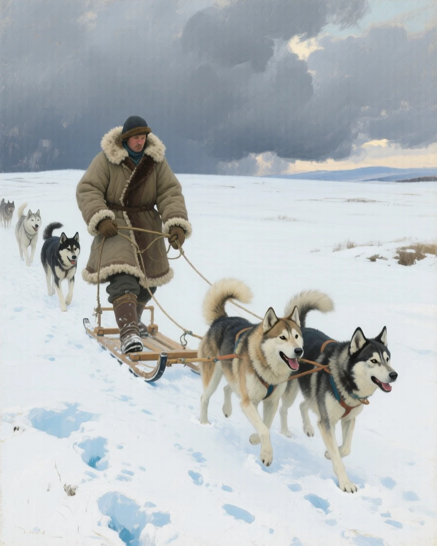 A centered composition of a solitary figure trekking across a vast snowy wilderness with sled dogs, beneath heavy grey storm clouds, in the 1930s.
