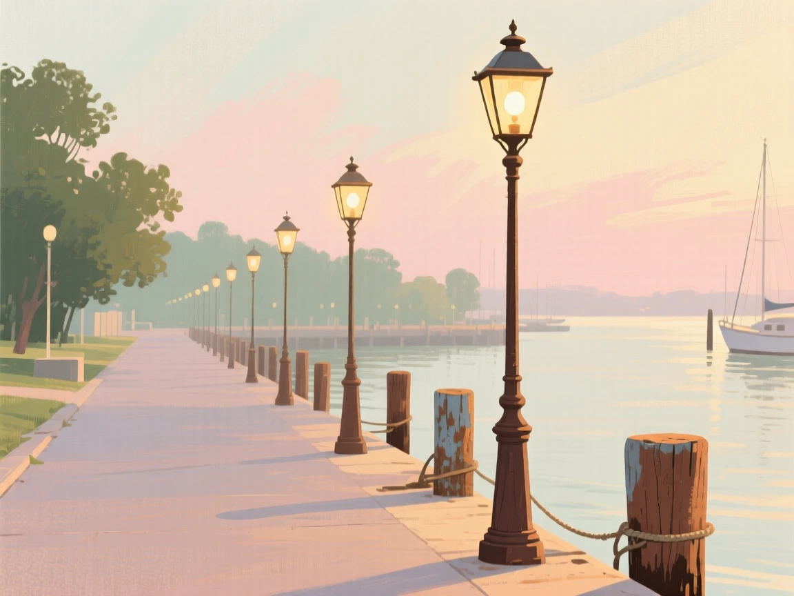 A harborside promenade lined with old gas lamps and mooring posts