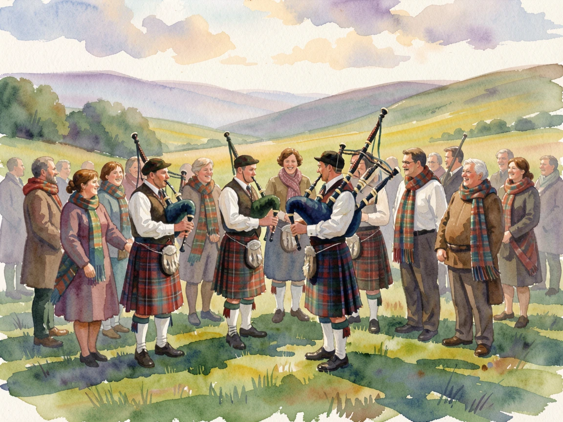 A Scottish highland gathering with bagpipes and tartan with the whole community joining in.