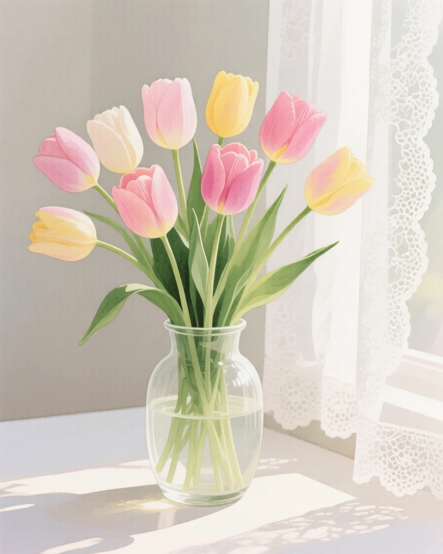 A vase of tulips in every shade of pink and yellow sits beside a lace curtain in soft morning light