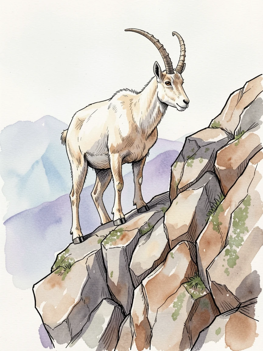 A mountain goat balancing effortlessly on a narrow rocky cliff edge