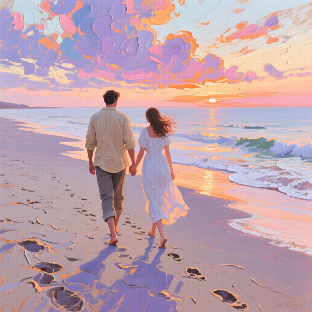 a couple walking along an empty beach, at dawn, with a clear foreground, subject, and distant setting.