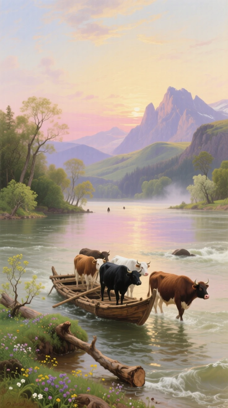 A herd of cattle poles a raft along a wide river swollen after spring rains at the first light of morning.