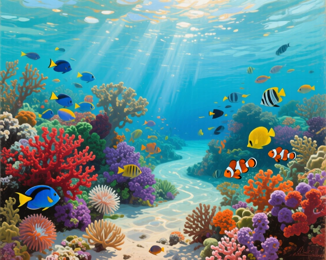 A coral reef teeming with color beneath crystal-clear water, with a single winding trail leading toward the horizon, showing nature at its most breathtaking and unspoiled
