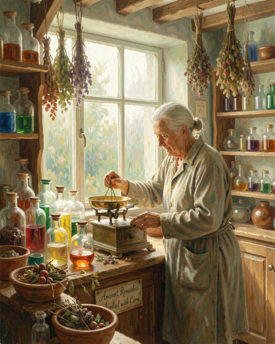 An old apothecary shop filled with glass bottles, dried herbs, and a shopkeeper weighing remedies.