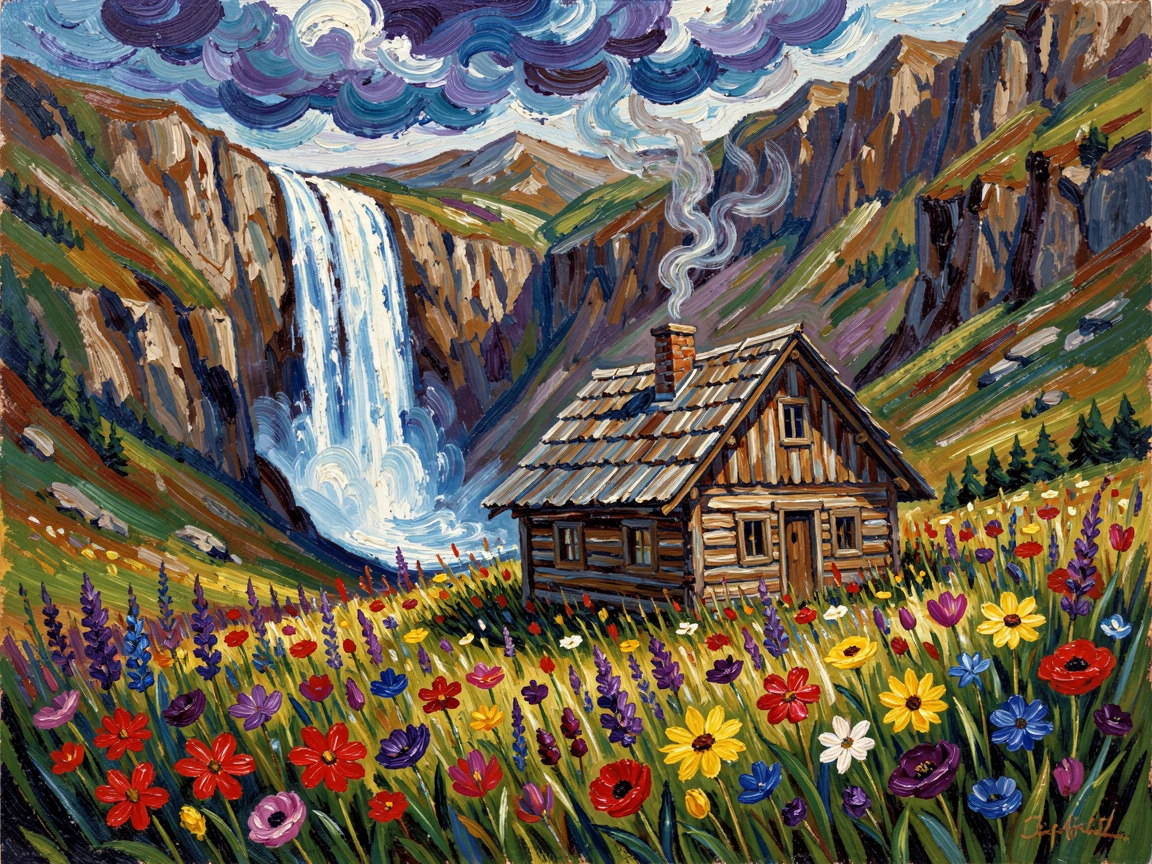 A remote mountain hut surrounded by wildflowers with a waterfall in the background.