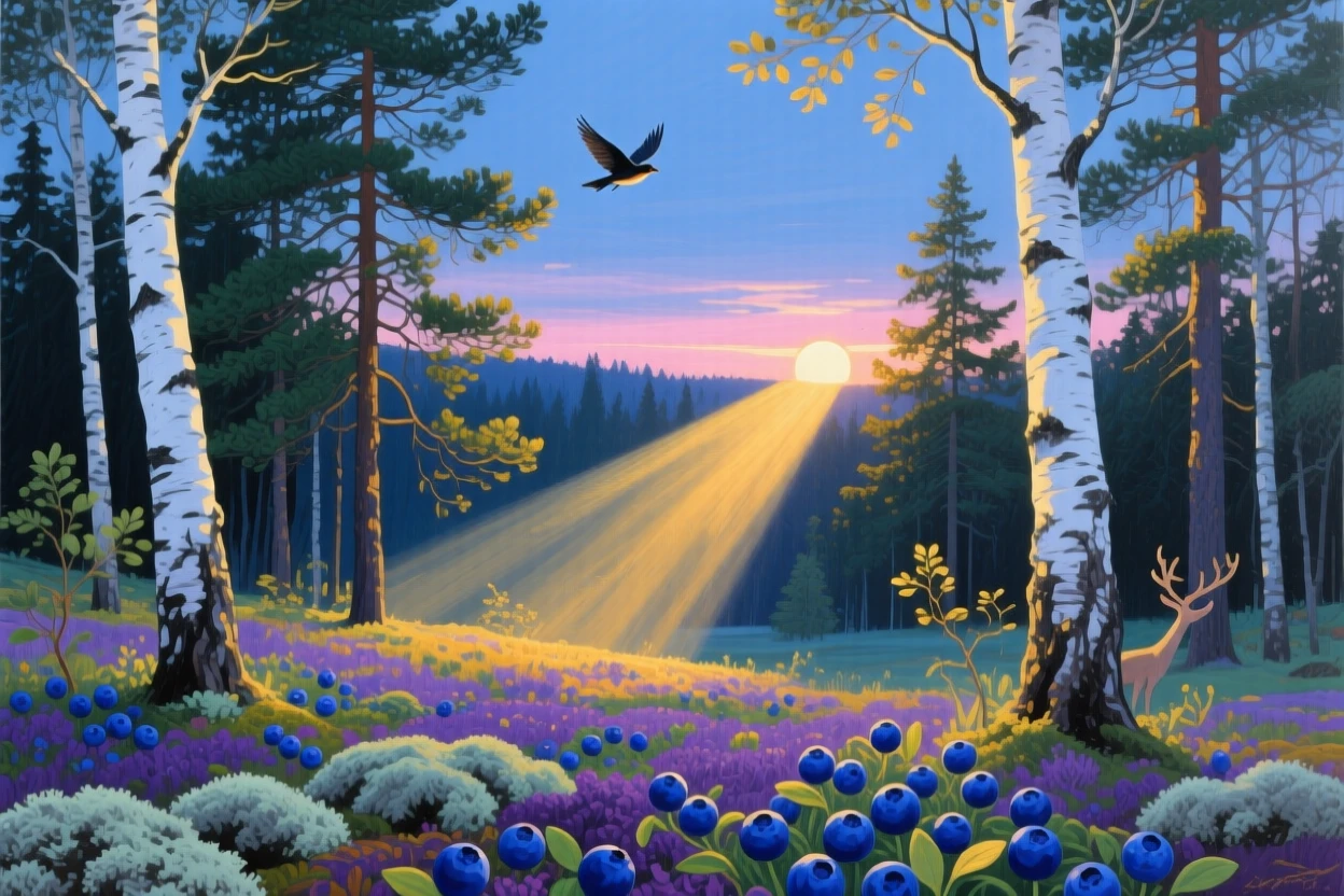 A birch and pine forest in Sweden glows under the midnight sun, long golden light stretching across a carpet of wild blueberries and reindeer moss, the silence broken only occasionally by the call of a bird crossing the open sky.