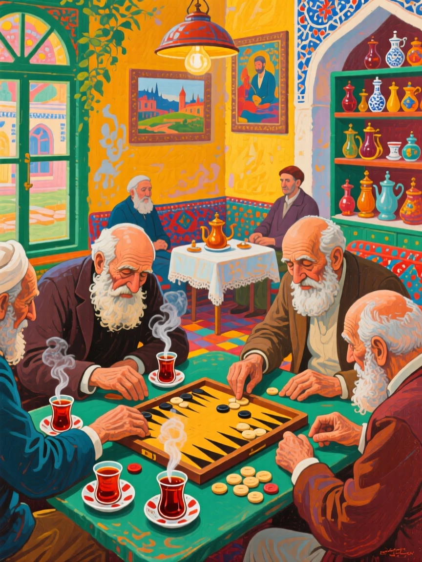 A Turkish tea house scene with elderly men playing backgammon over glasses of steaming tea
