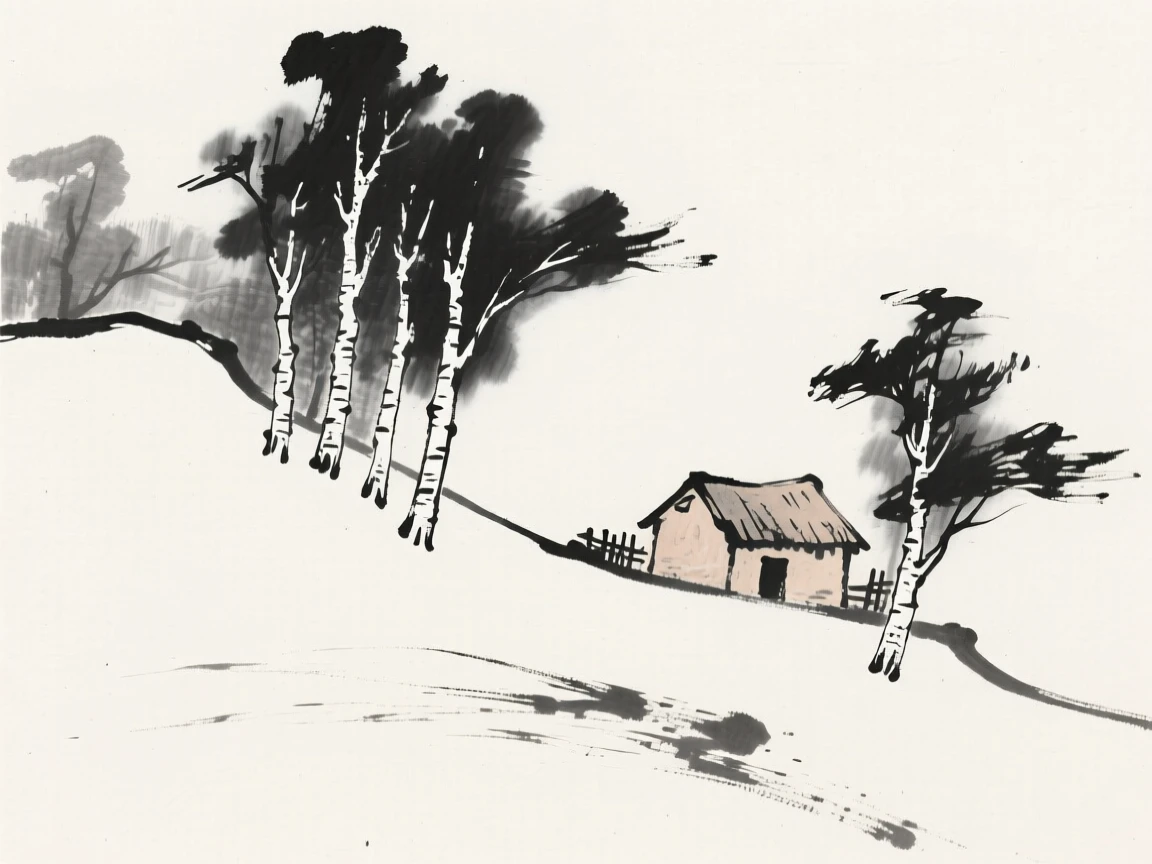 a stand of birch trees along a quiet ridge, with a small hut tucked among the trees.