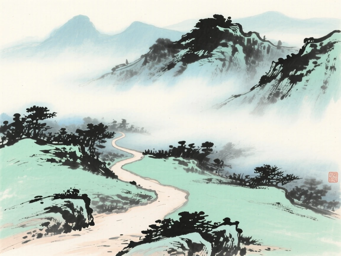 An empty mountain path disappearing into drifting fog, in the height of summer, full of quiet reverence.